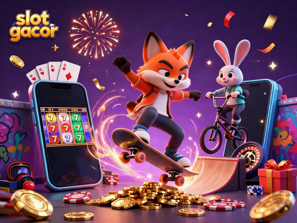 Engaging 3D scene showcasing slot gacor action with a skateboarder fox and BMX rabbit surrounded by vibrant casino elements.