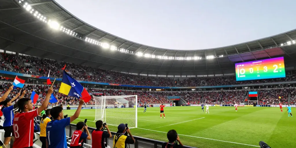 Exciting football match scene highlighting TOP10สนาม with players in action, enthusiastic fans, and bright stadium lights.