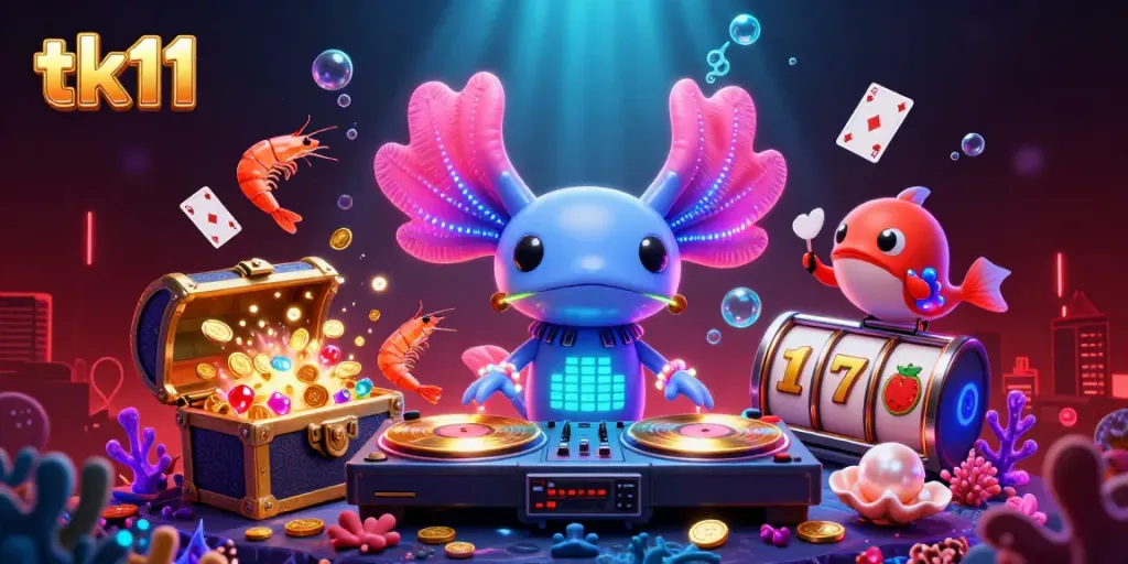 tk11 themed casino scene with vibrant axolotl DJ, gold coins, and underwater elements