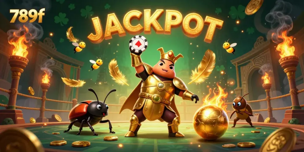 Experience thrilling wins with 789f's vibrant 3D gambling scene featuring a victorious beetle and dynamic casino elements.