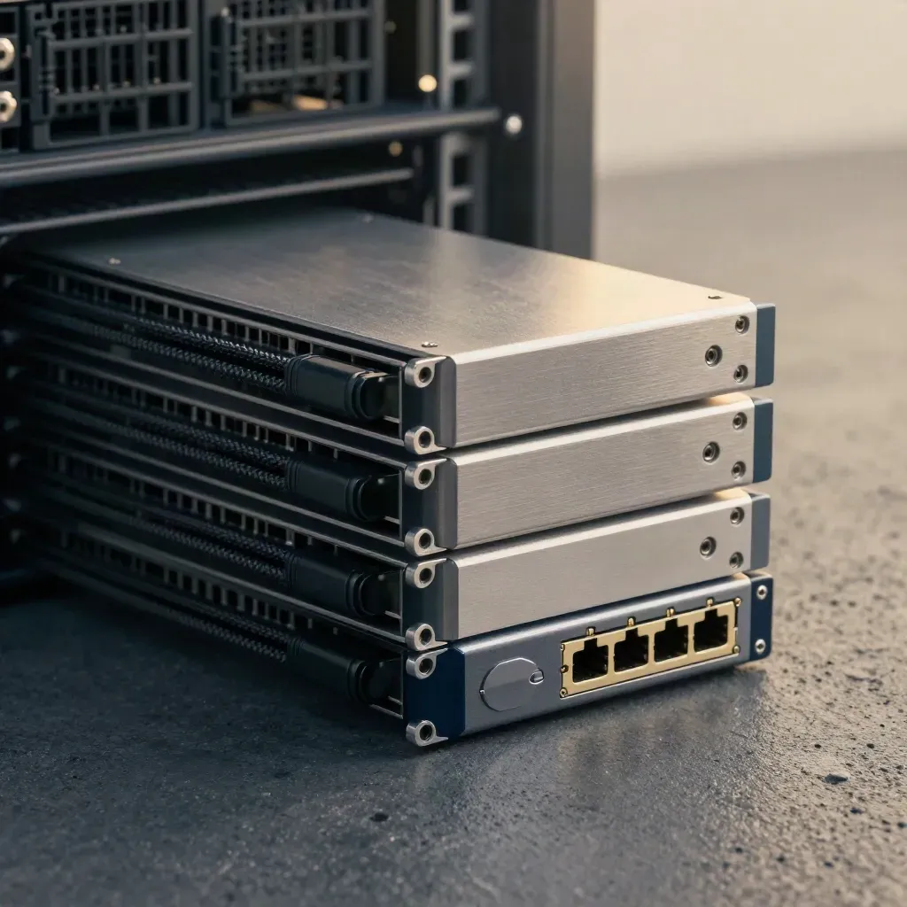 Stacked server blades with a network tap and braided cable sleeves on charcoal concrete.