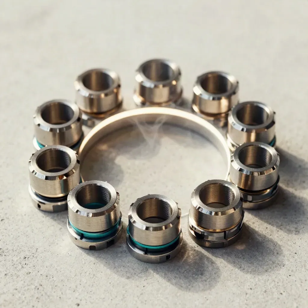 Top-down metal connector rings on pale concrete with teal spacer blocks and soft vapor