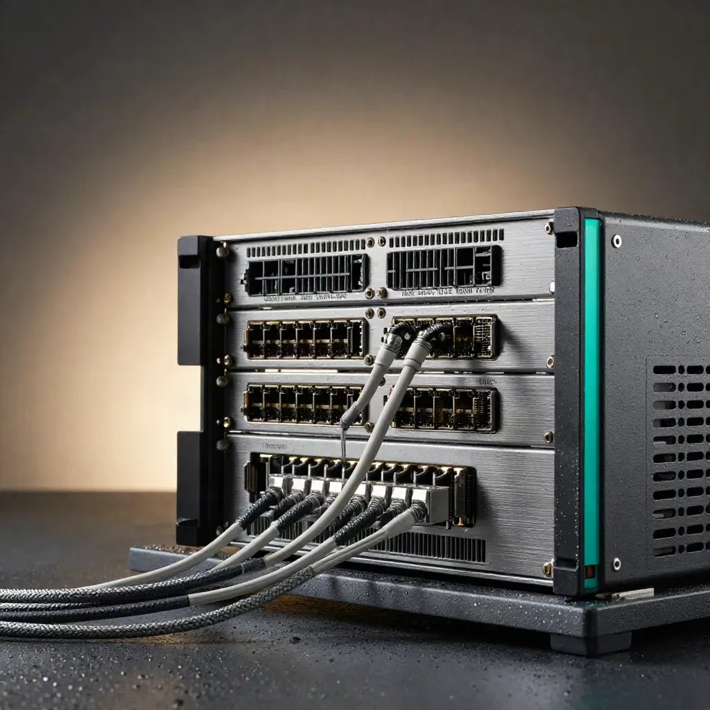 Macro of an open 1U server chassis with cables, heatsinks, and cool teal reflections at dawn.