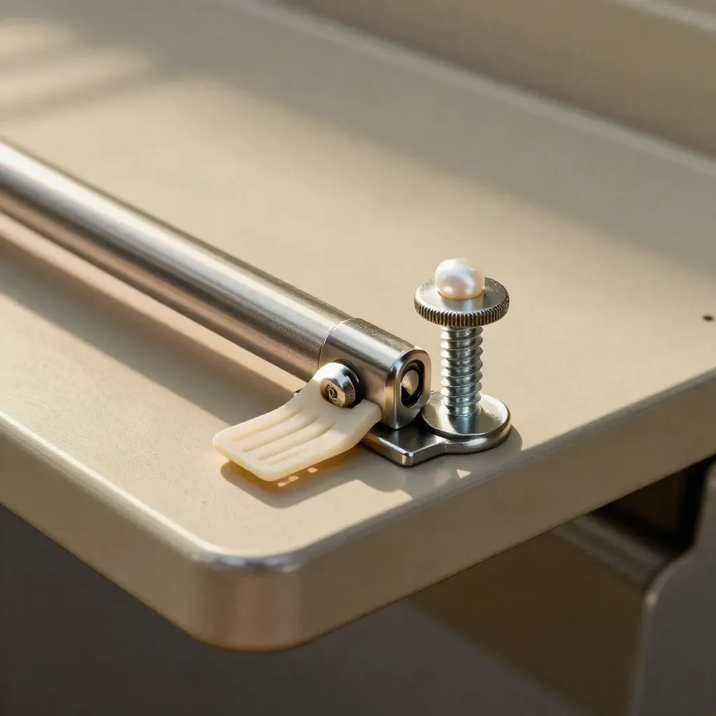 Stainless rack rail, cable comb and thumbscrew on a sand-toned bench in dramatic macro light