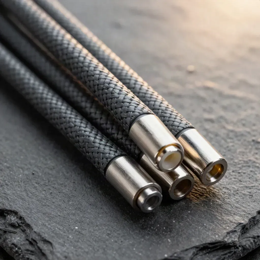 Graphite fibre-optic patch bundle, ceramic caps and brushed couplers on dark stone