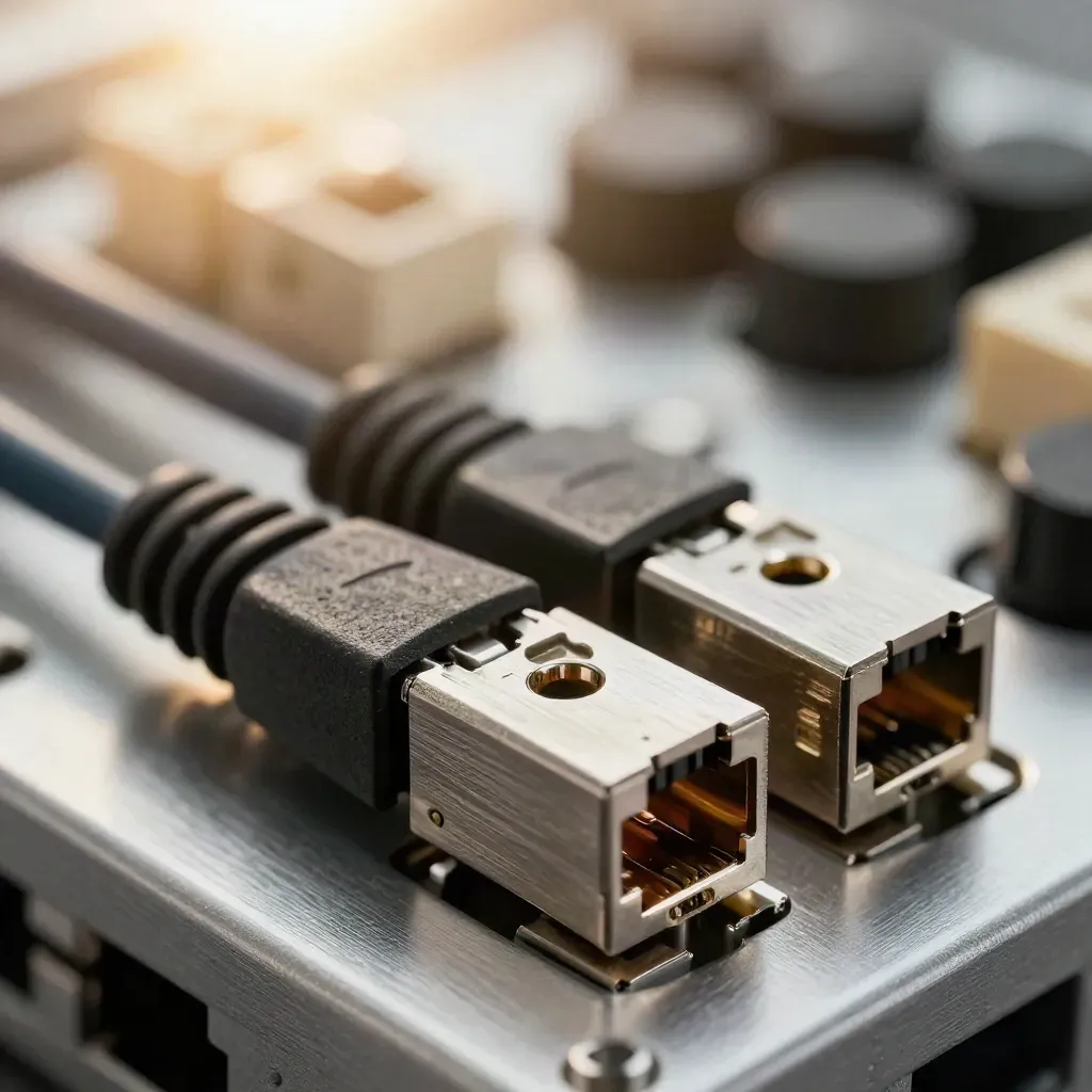 RJ45 keystone jacks and a cable tester on brushed metal in a tight macro still life.