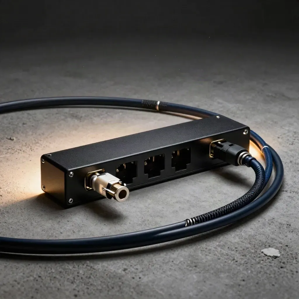 Drama-lit PDU strip with cord set and machined wraps on brushed concrete.