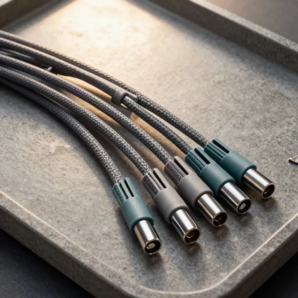 Top-down macro of a branching cable loom with teal accent combs on graphite stone.