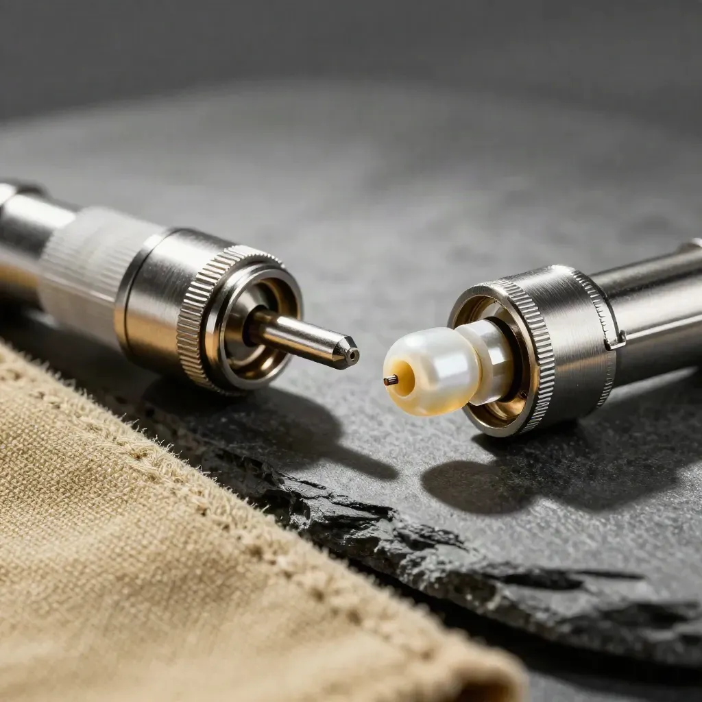 Macro still life of matched fiber couplers joined by a patch lead with spare ferrule caps.