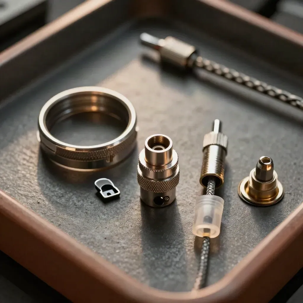 Overhead macro of a probe kit with a misaligned connector ring and isolation clip on graphite.