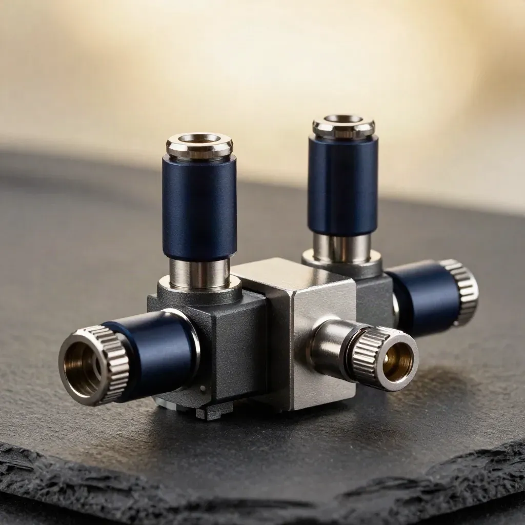 Precision timing module with twin coax pigtails and a brushed alignment puck on dark slate.