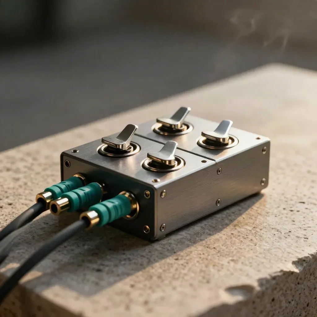 Relay block with three toggle switches and cable ends on stone, lit dramatically.