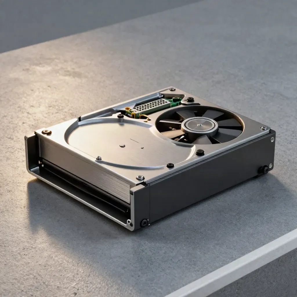 Top-down macro of server drive caddies with fan module and alignment pins on graphite metal.