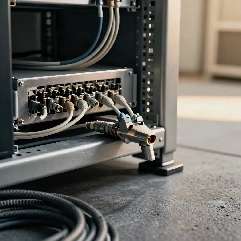 Braided cables and rack hardware on a steel bench in a hazy server-room scene.