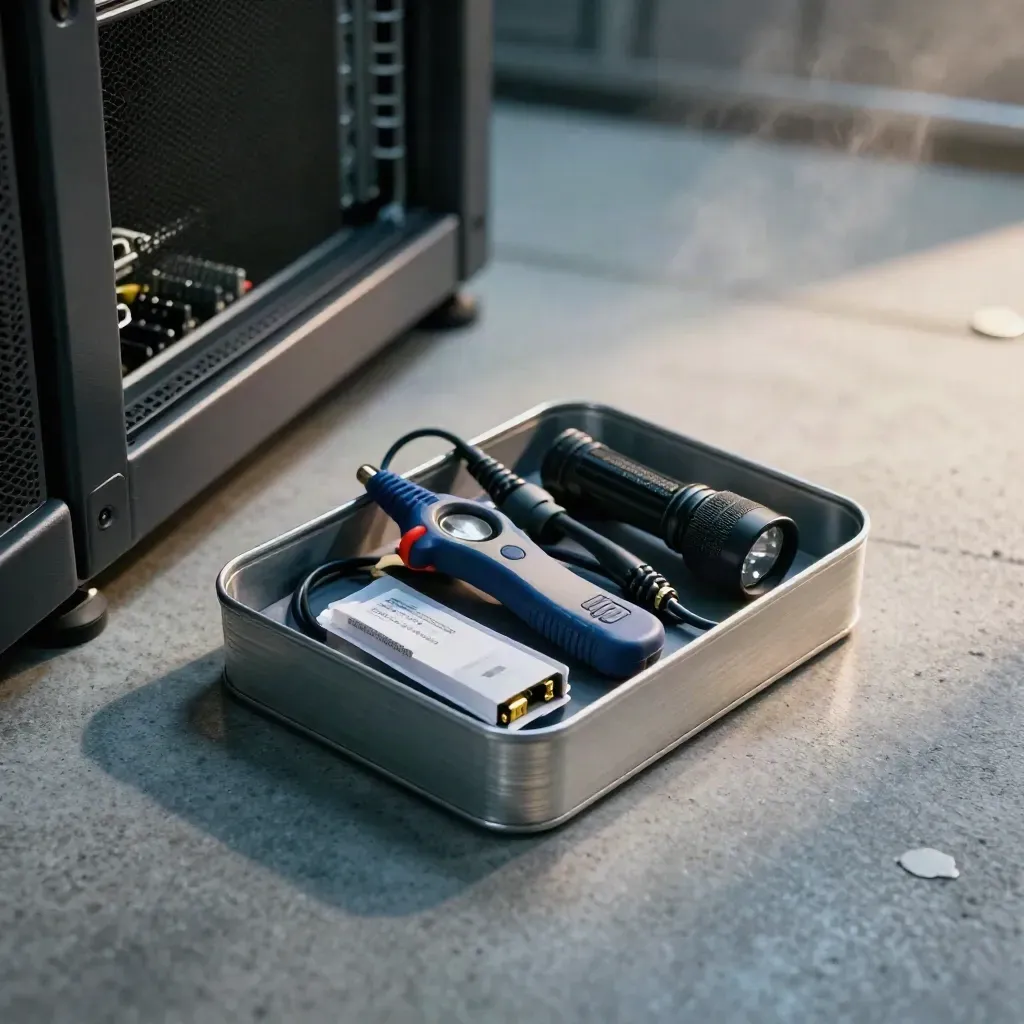 Open tool roll with cable tester, SFP cartridges and flashlight beside a server rack in misty light