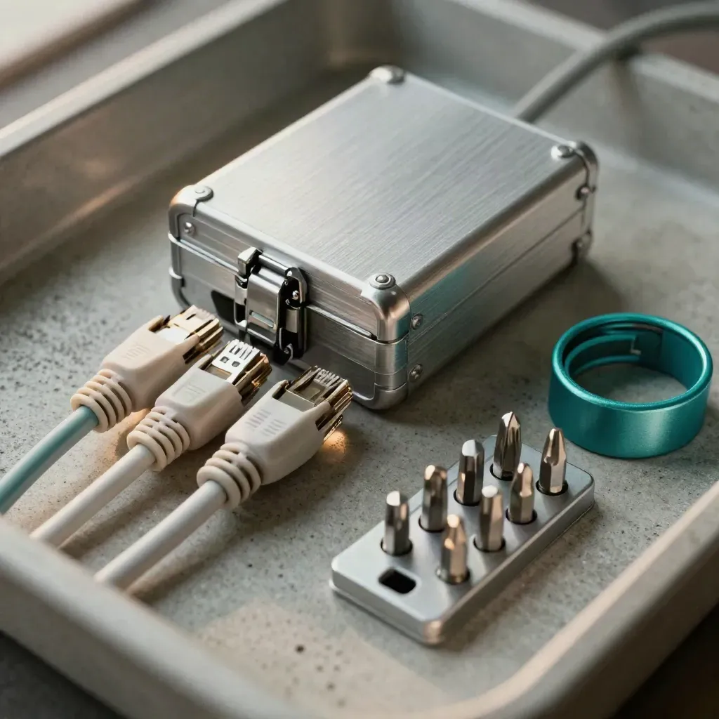 Drive caddy, patched Ethernet leads, and torque bits on concrete, shot top-down through blurred cable