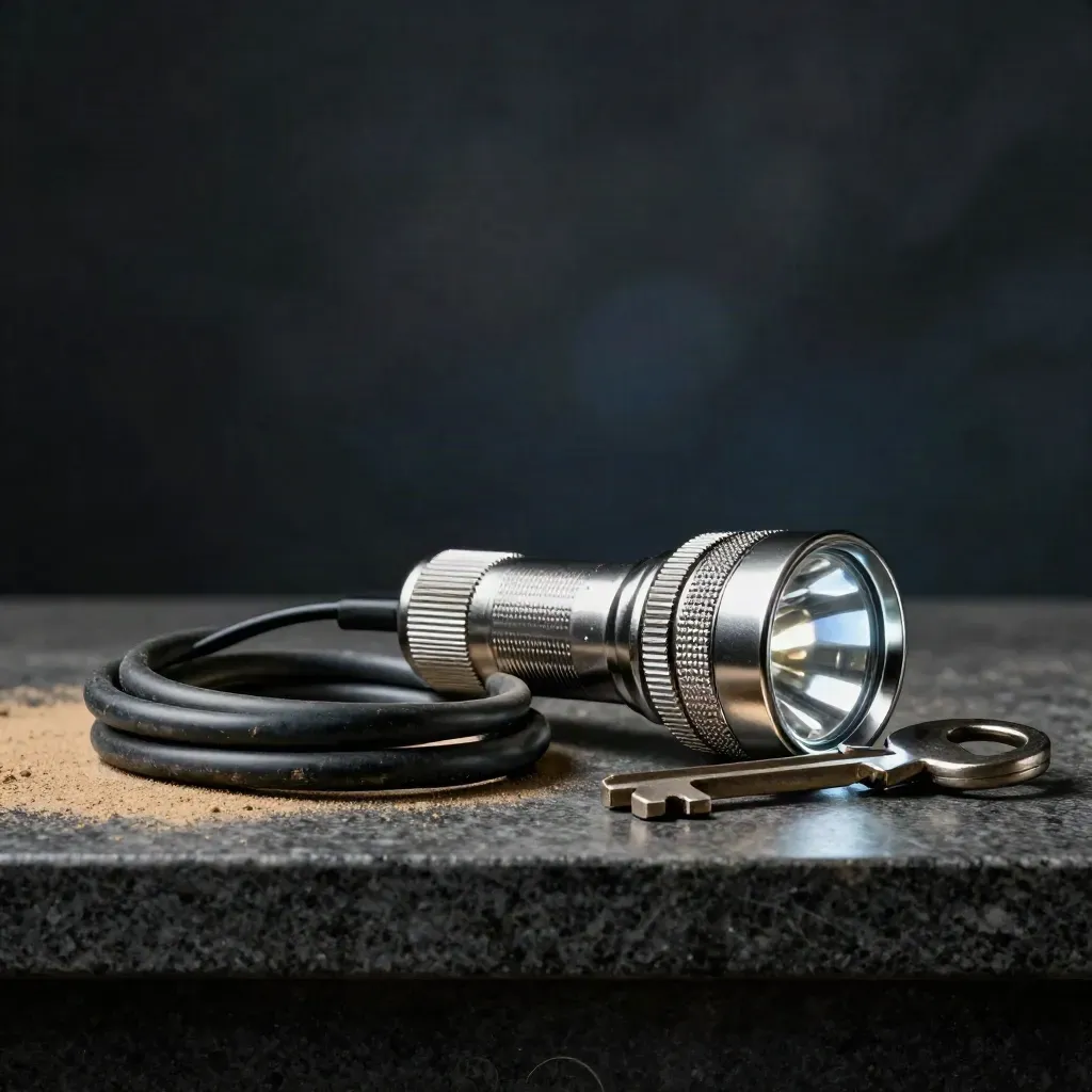 Flashlight, coiled patch lead, and stone service key on a dark stone shelf.