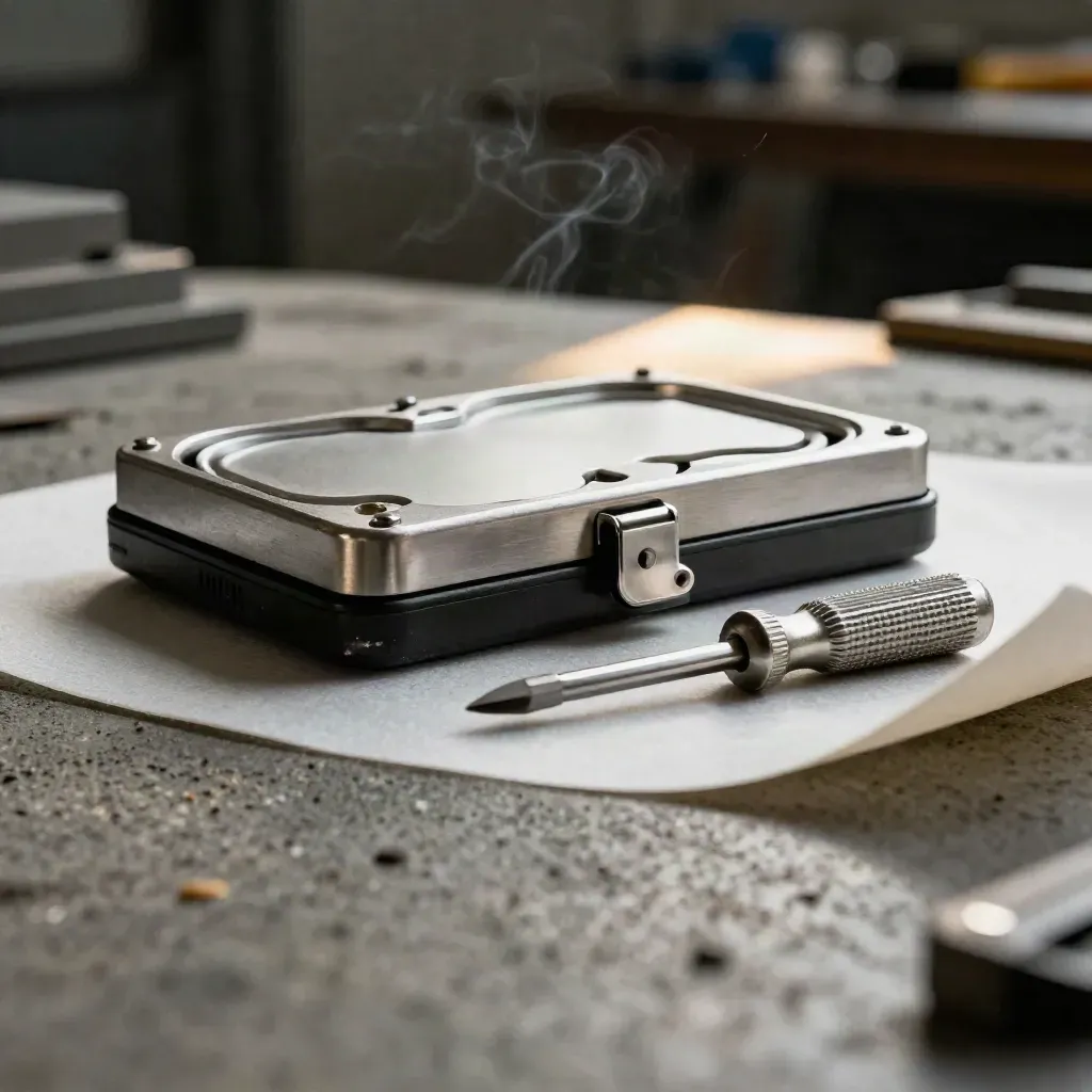 Drive caddy, precision screwdriver, and anti-static mat edge on brushed concrete in soft smoke.