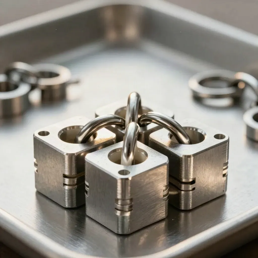 Macro of linked aluminum connector blocks and rings forming a triangle on brushed steel.