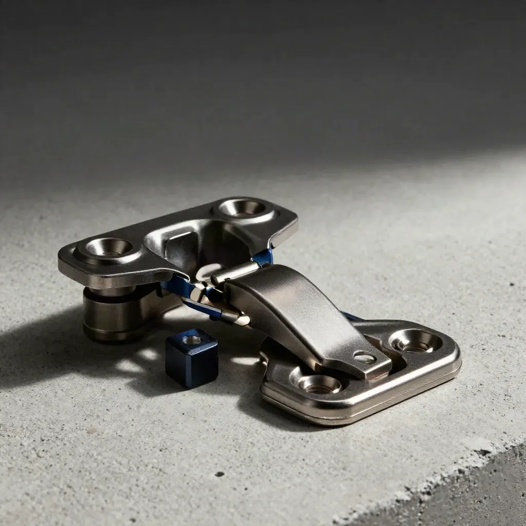 Modular hinge hardware locked diagonally on pale concrete with cool navy accent.