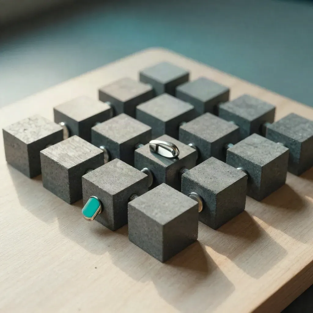 Grid of modular blocks and ring connector on pale wood, lit in a premium macro still life.