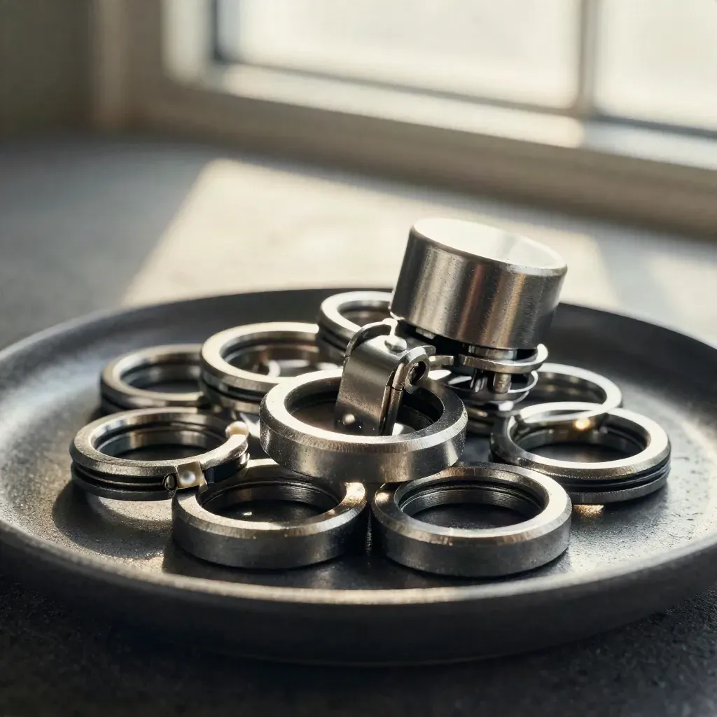 Connector rings, latch, and coupler cap on brushed metal with soft daylight and mist.