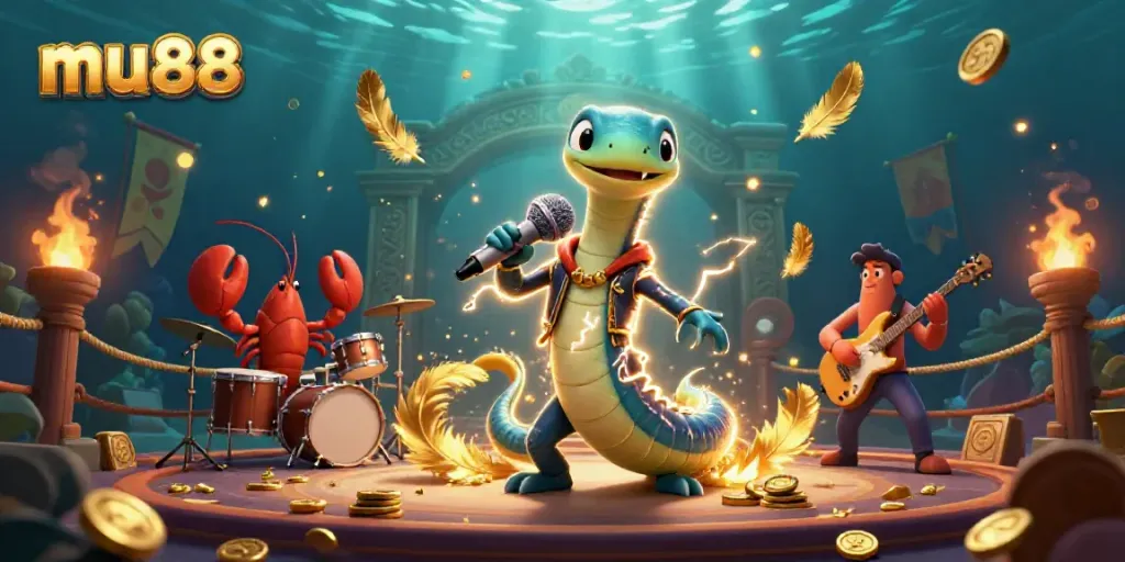 Experience the excitement of mu88 with a lively underwater casino scene featuring a DJ electric eel and band.