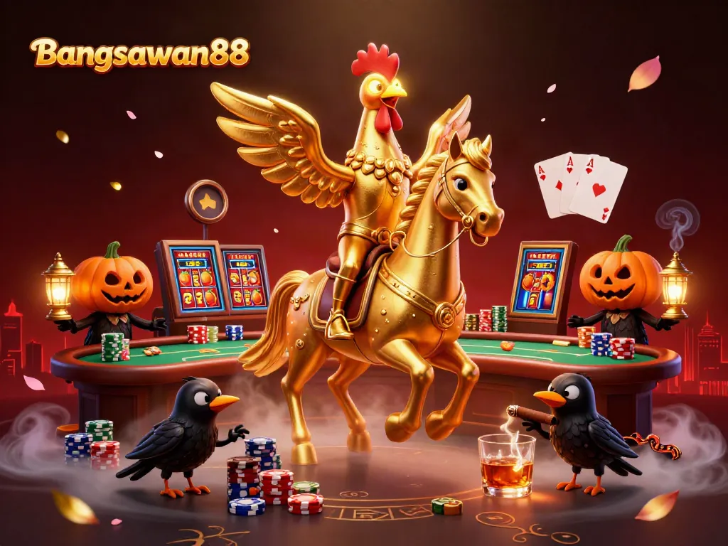 Bangsawan88 features a golden rooster headless horseman riding through a casino with slot elements.