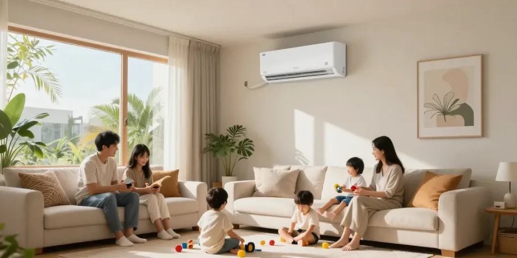 Cozy living room showcasing a mini split ac unit, family enjoying a relaxed atmosphere.