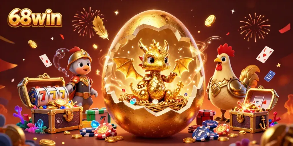 Engage with 68win's thrilling dragon treasure scene featuring golden elements and casino excitement
