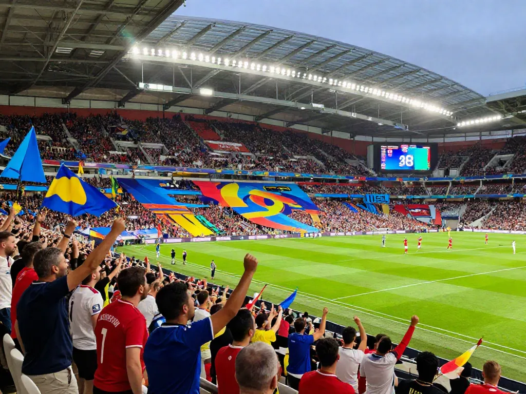 Football fans celebrating a goal in a lively stadium, showcasing the latest scores and intense emotions of the game.