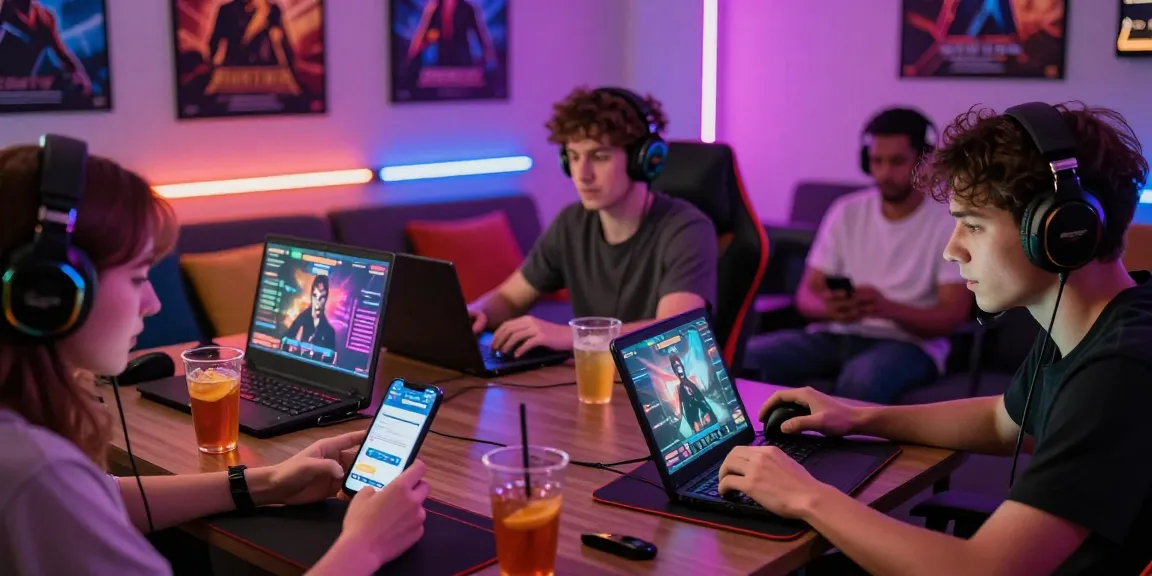 Engaged players enjoying immersive porn games on various devices in a vibrant gaming setup.
