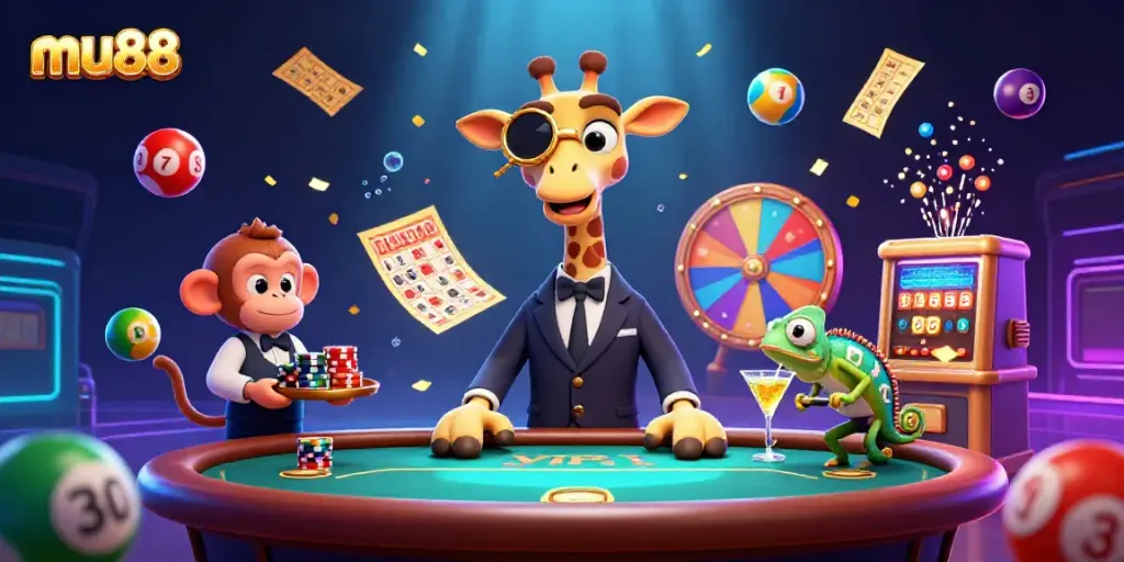 Play and win with mu88 featuring vibrant characters at a dynamic casino scene filled with prizes.
