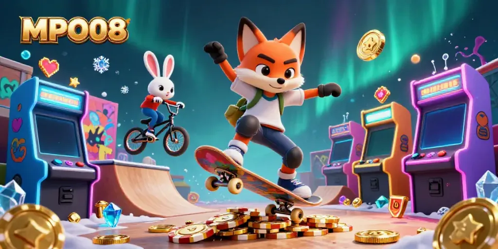 MPO08 showcases a vibrant 3D scene of a skateboarder fox and BMX-riding rabbit in a dynamic casino atmosphere.