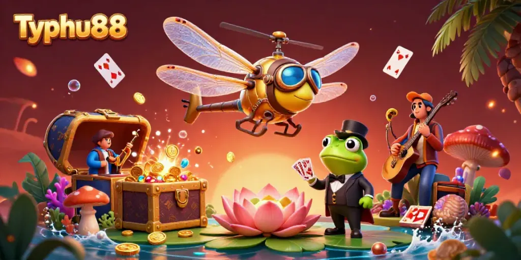 Experience Typhu88 with a vibrant 3D casino scene full of lively characters and colorful game elements.