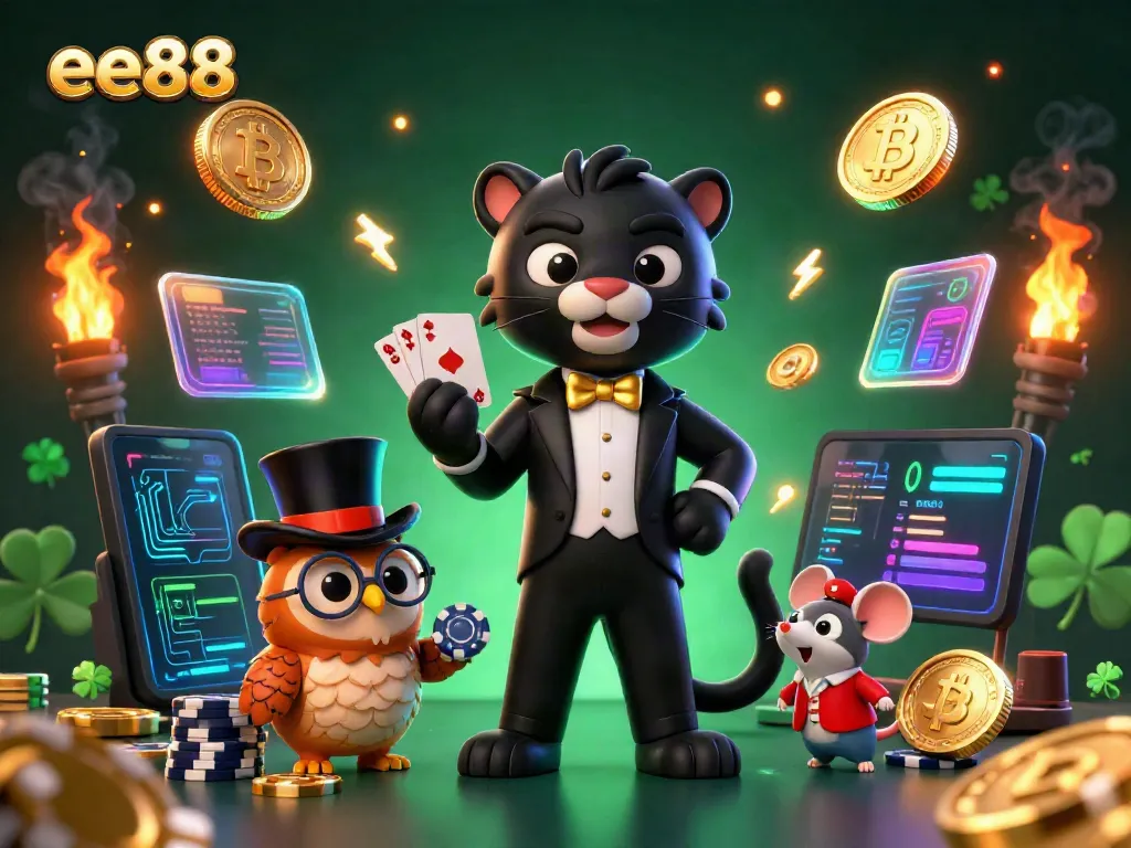 Experience the excitement of ee88 with a dynamic 3D illustration featuring a panther dealer and winning poker elements.