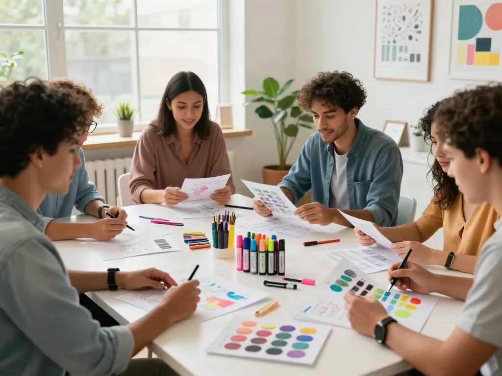 Highlighter manufacturer team designing colorful pens in bright workspace.