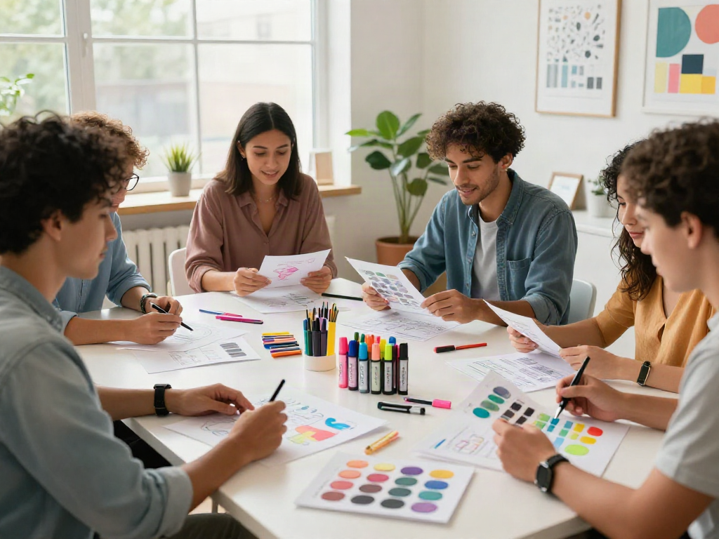 Highlighter manufacturer team designing colorful pens in bright workspace.