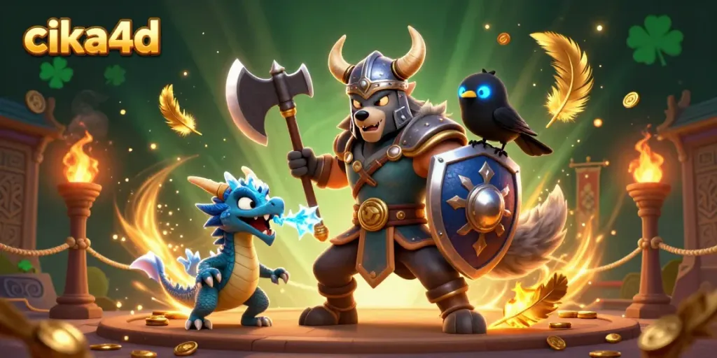 Experience thrilling gameplay with cika4d, featuring a Viking warrior, dragon, and gold coins in a dynamic casino scene.