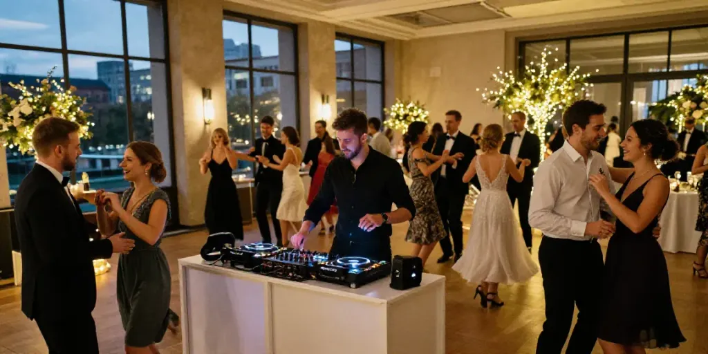 Wedding DJ in Berlin Brandenburg creating a lively atmosphere with dancing guests and festive decor.