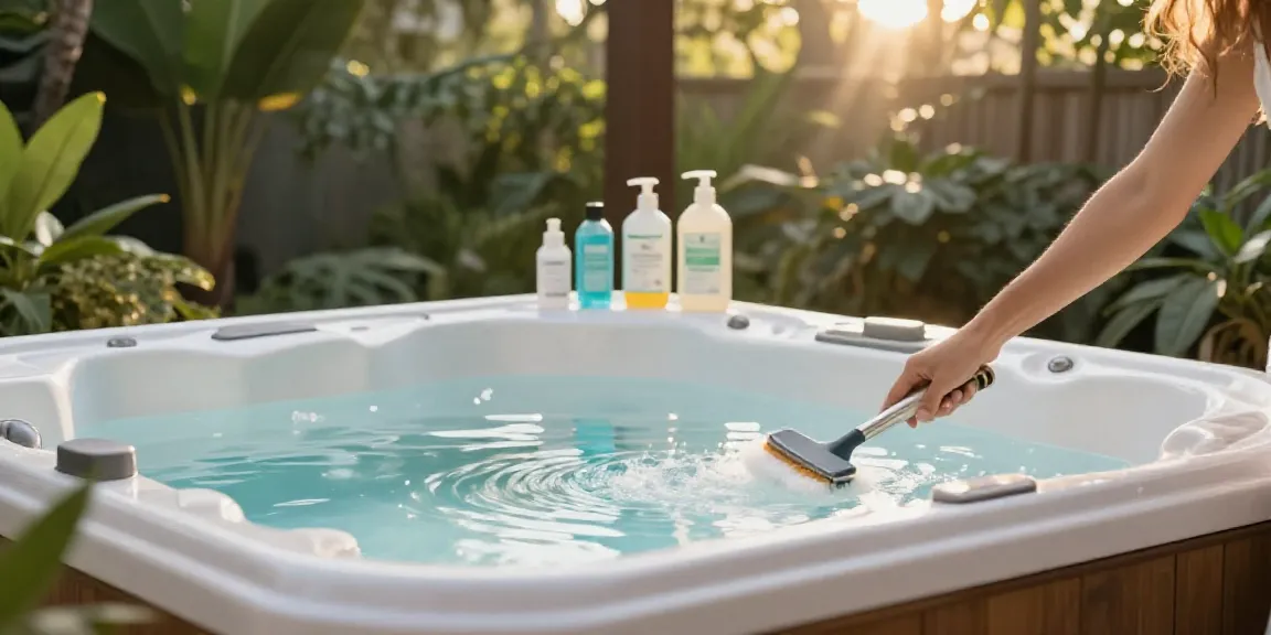 Spa Cleaning & Wash Replacement in a serene home spa environment, highlighting eco-friendly cleaning tools and sparkling water.