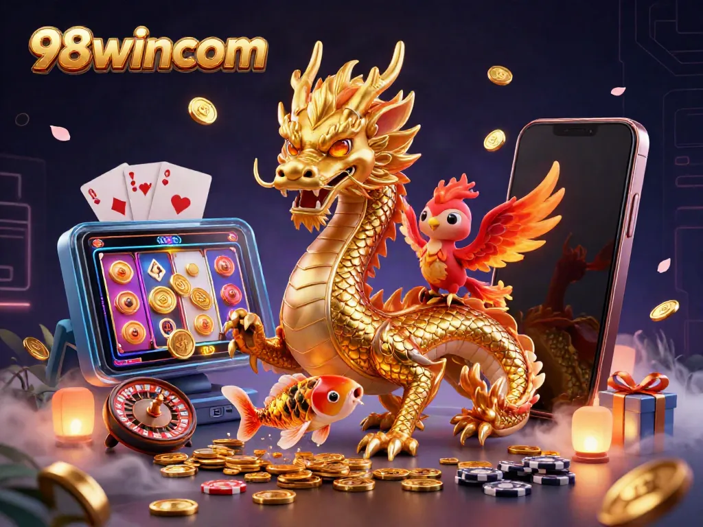 Engage with 98wincom's vibrant casino scene featuring a golden dragon and a phoenix, surrounded by dynamic gaming elements.