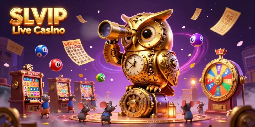 Experience the excitement of SLVIP Live Casino with a vibrant 3D illustration featuring a clockwork owl and dynamic game elements.