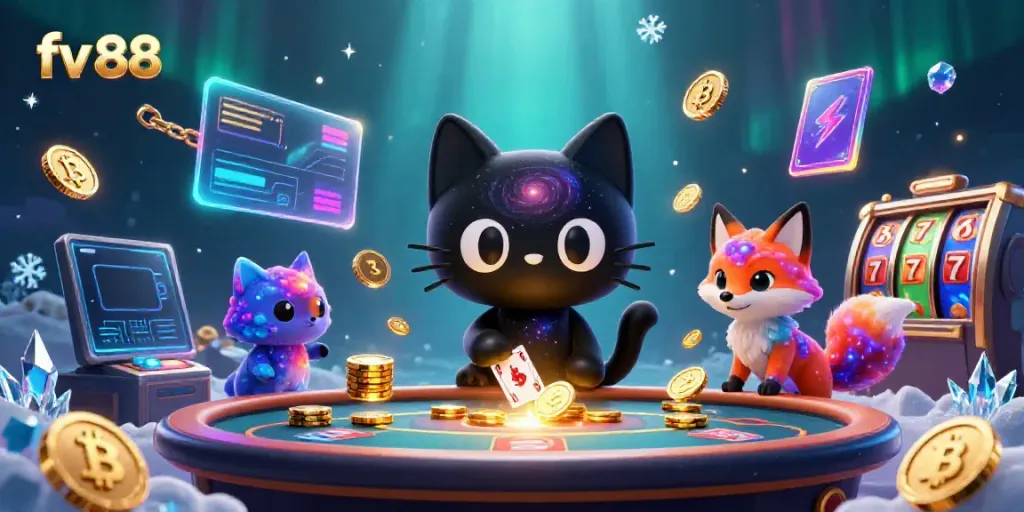 Engage winnings on the fv 88 cosmic casino table with a magical cat and vibrant fox.