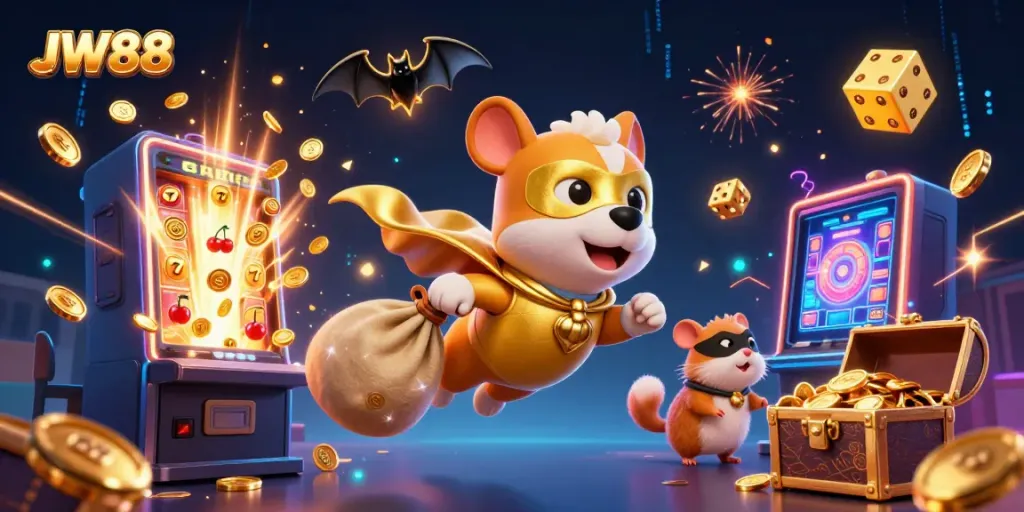 JW88 superhero dog flying with coins in a vibrant casino scene filled with slots and action.