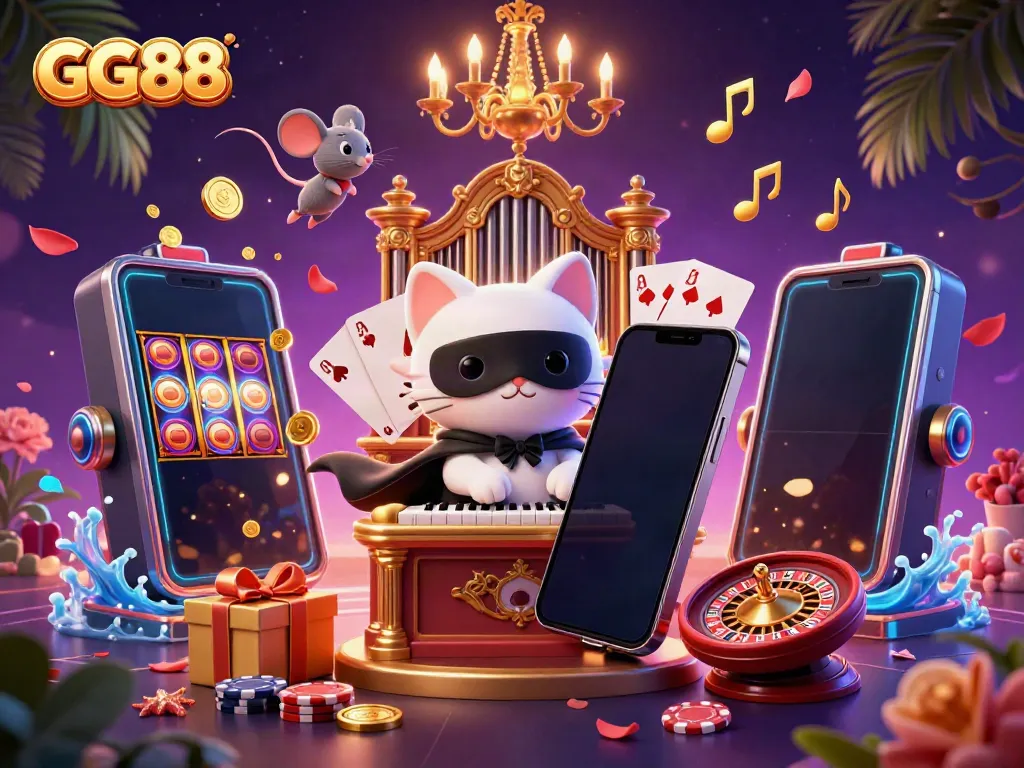 Experience the thrill of GG88 with a captivating casino scene including a phantom cat, acrobat, and exciting game elements.