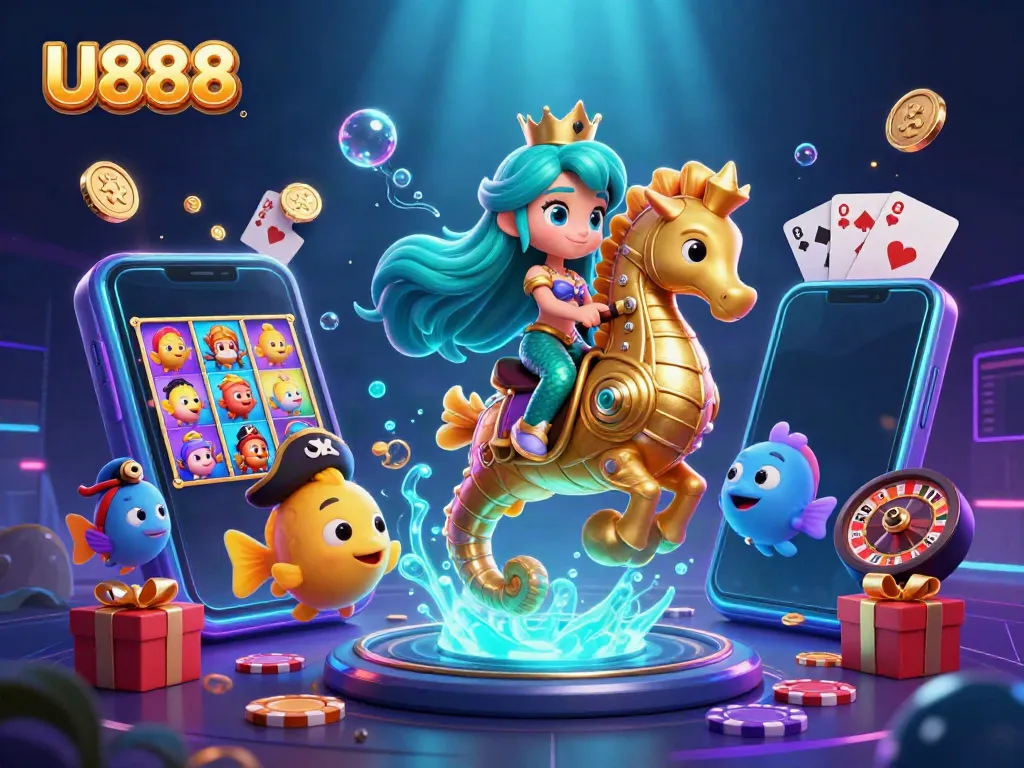 U888 captivates players in a vibrant underwater scene with a mermaid princess, dynamic casino elements and glowing treasures.