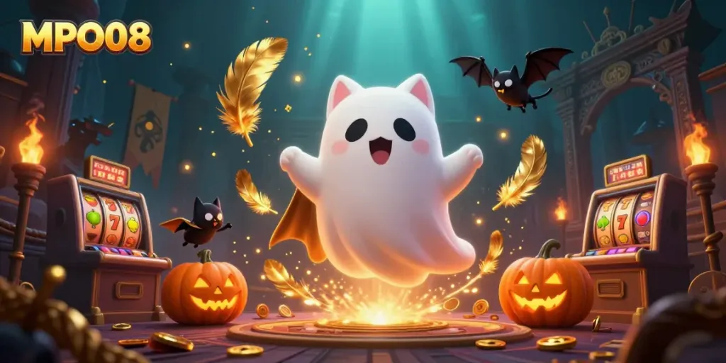 MPO08 depicts an engaging scene with a ghost cat and bat in a lively casino atmosphere, highlighting winning slots.