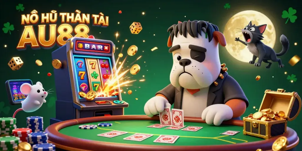 NỔ HŨ THẦN TÀI AU88 featuring a vibrant 3D illustration of a cartoon bulldog dealing cards amidst exploding slot machine coins and colorful casino elements.