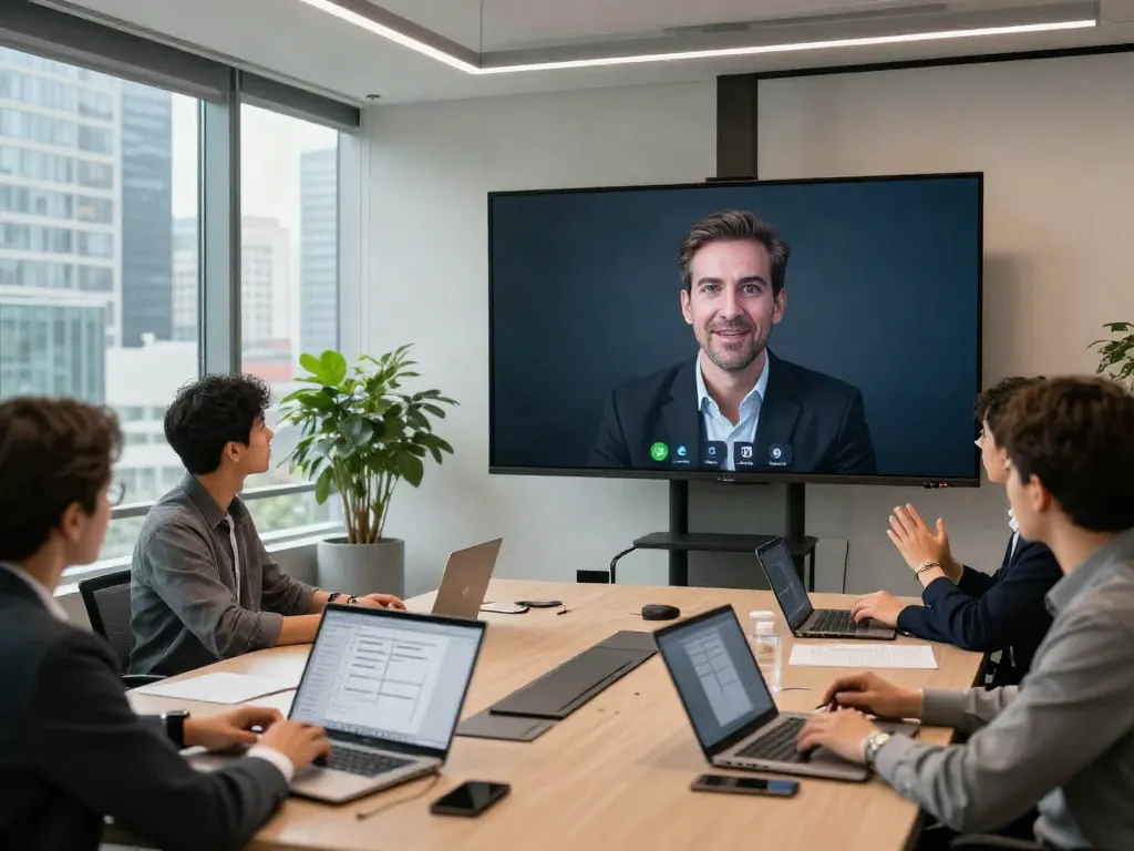 Team in a modern conference room using deepfake protected conferencing technology during a video call.